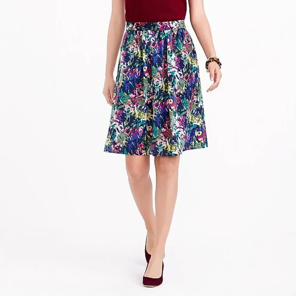 J Crew Floral Skirt A-Line Size 2‎ Flowy Chiffon Blue Pink Green White Colorful